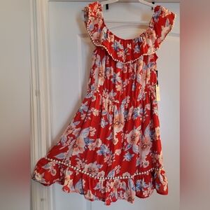 Floral Ruffle Off-Shoulder Dress - Red